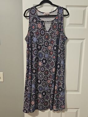 Sleeveless Navy Medallion V-Neck A-Line Dress